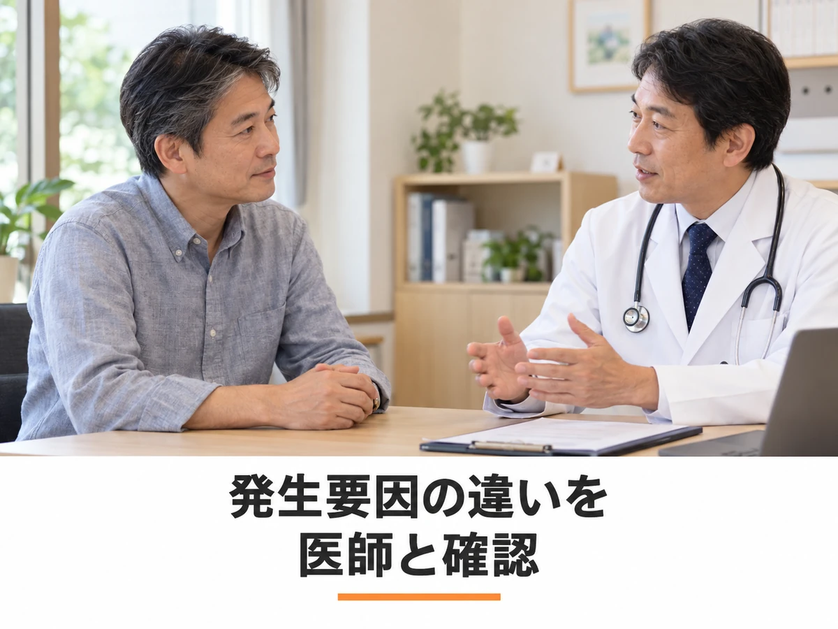 医師と話す男性と「発生要因の違いを 医師と確認」の文字