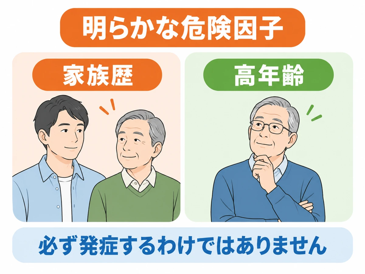 前立腺がんの明らかな危険因子として家族歴と高年齢を挙げ、必ず発症するわけではないと伝える図解