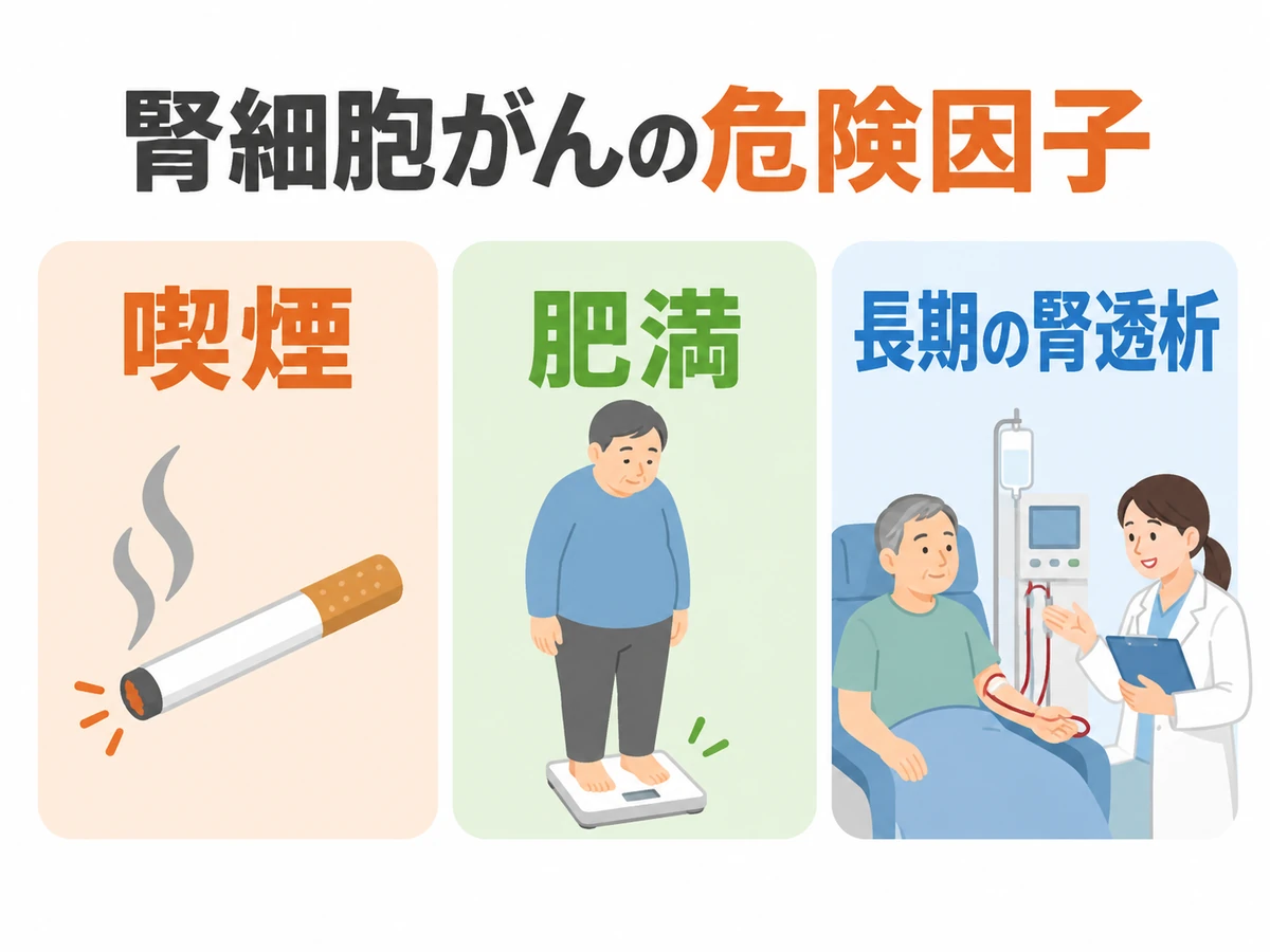 腎細胞がんの危険因子として、喫煙、肥満、長期の腎透析を並べた図解。