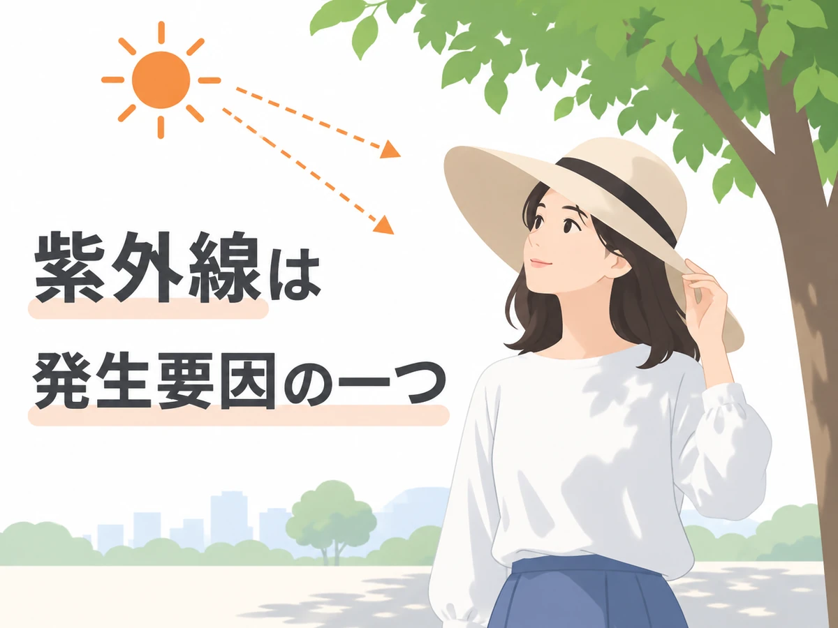 帽子をかぶって木陰に立つ女性と、紫外線は発生要因の一つであることを示すイラスト。