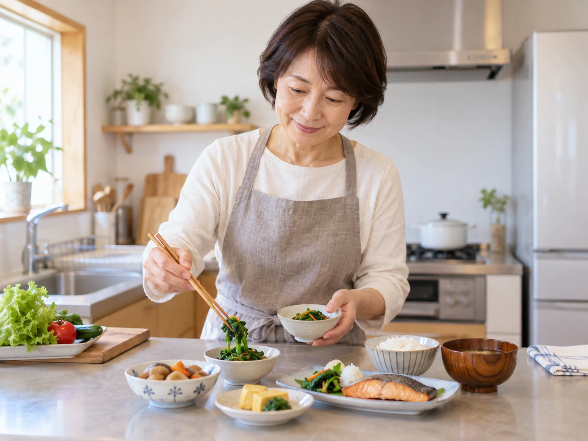 自宅の台所で魚や野菜を使った普段の食事を用意する女性。