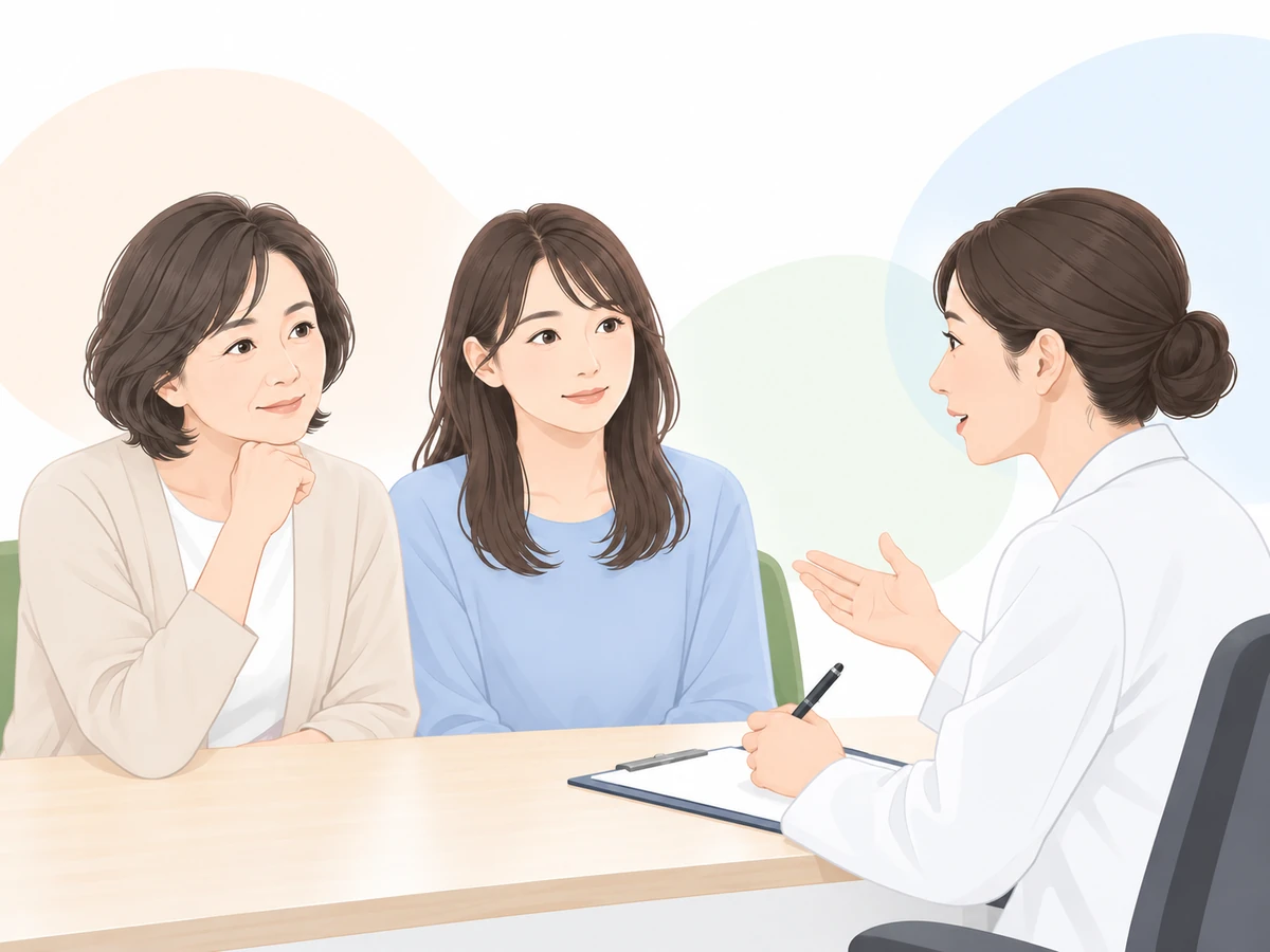 母親と成人の娘が、相談員の話を一緒に聞くイラスト。