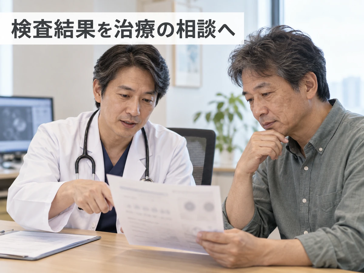 医師と資料を確認する男性と「検査結果を治療の相談へ」の文字。