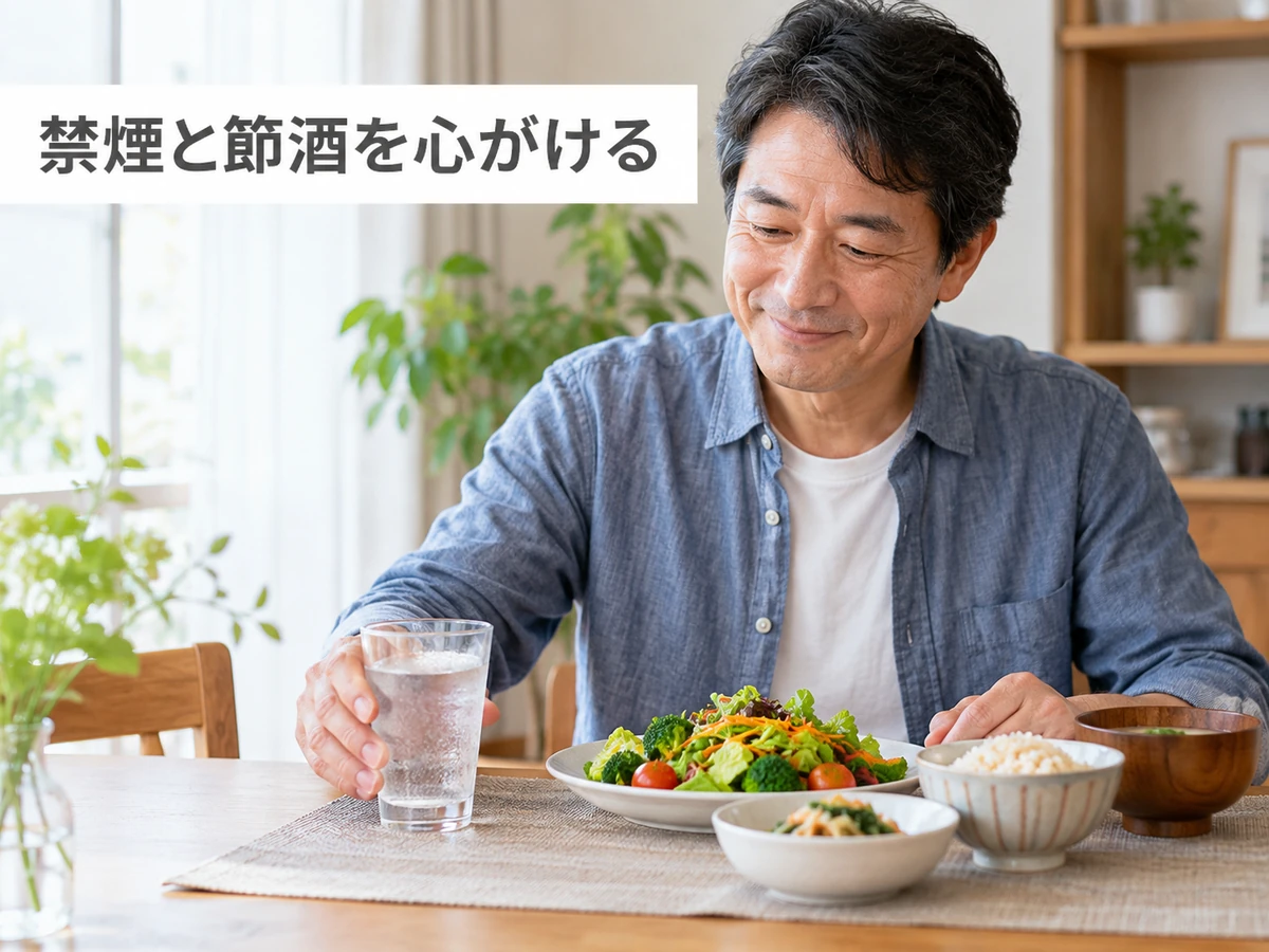 水と食事を前にした男性と「禁煙と節酒を心がける」の文字。