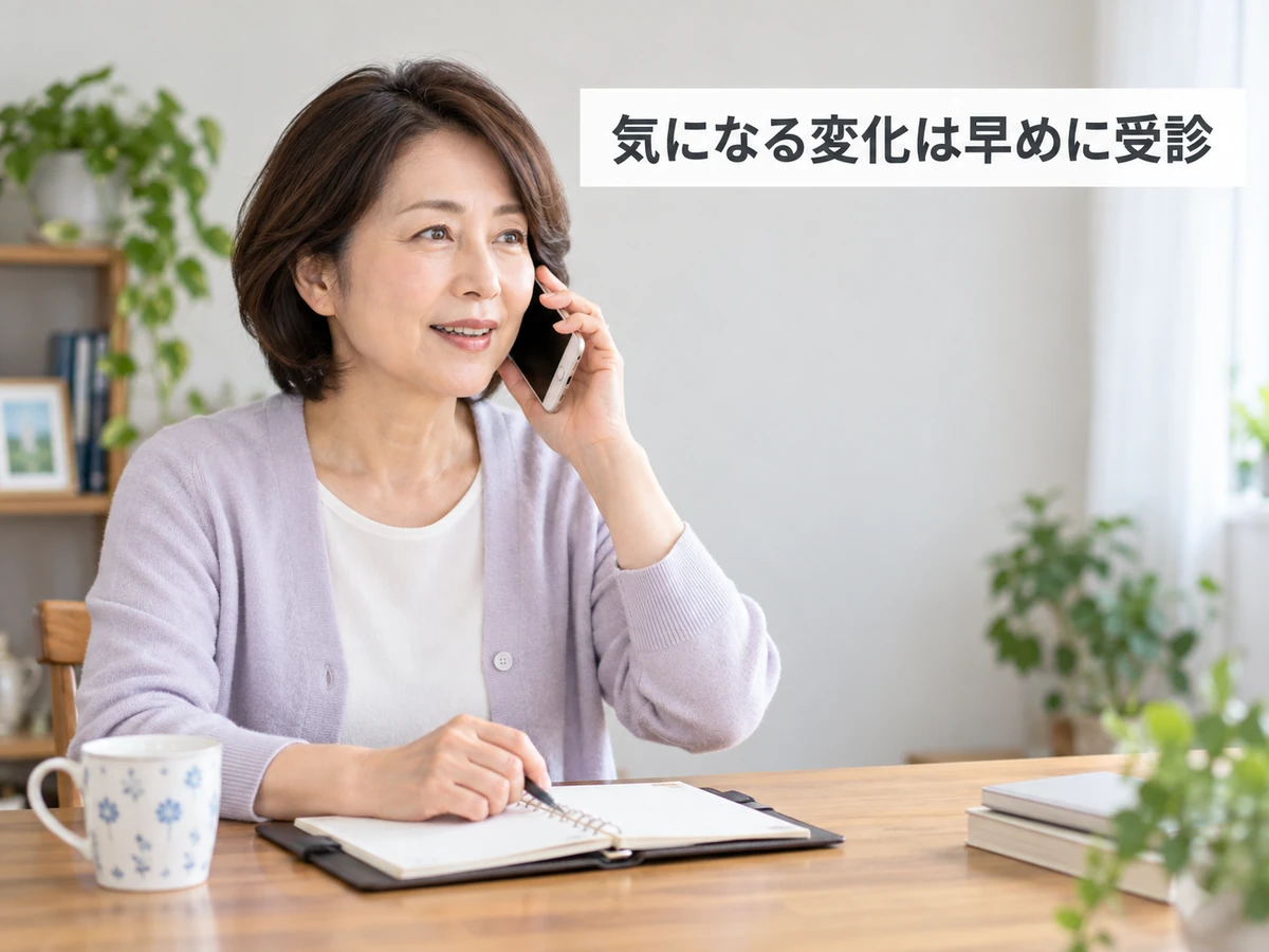 気になる変化は早めに受診という言葉と、自宅で電話をする女性のイメージ。