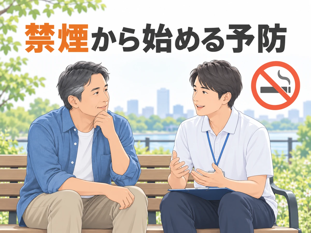禁煙マークを添え、屋外で男性と相談員が話す禁煙のイラスト