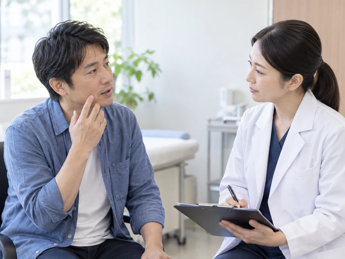 診察室で男性が頬の気になる場所を示し、医師に相談している。
