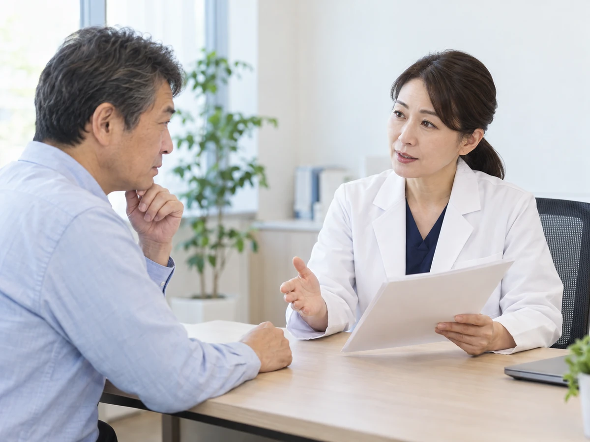 男性が女性医師から検査に関する説明を聞いている様子