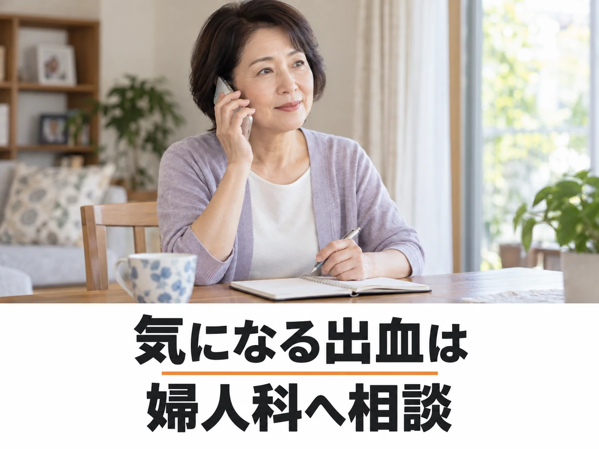 電話で相談する女性と「気になる出血は 婦人科へ相談」の文字