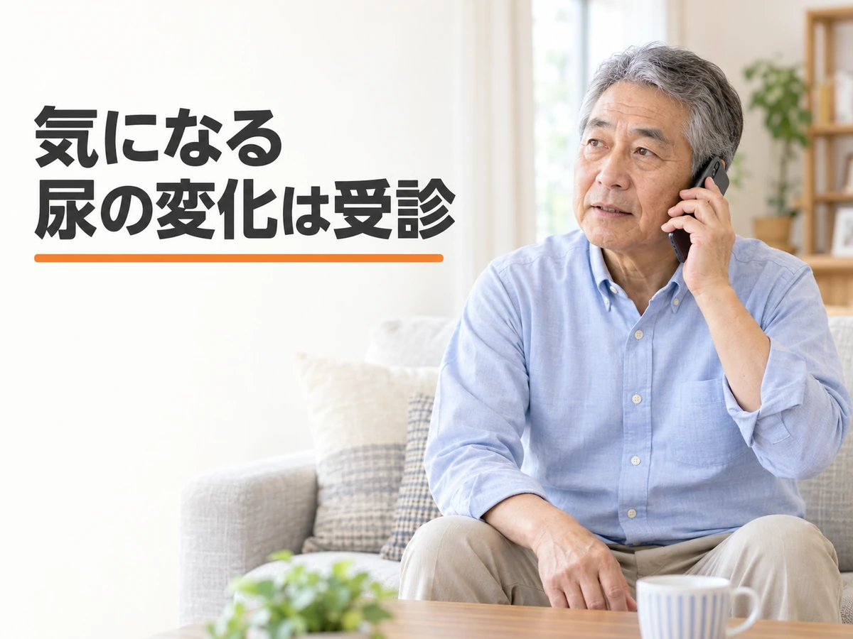 自宅で電話する男性に、「気になる尿の変化は受診」と添えた画像。