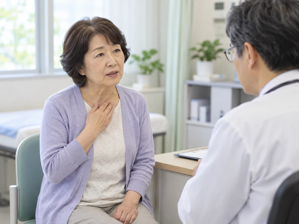 診察室で女性が胸元に手を添え、医師に体調を伝えるイメージ。