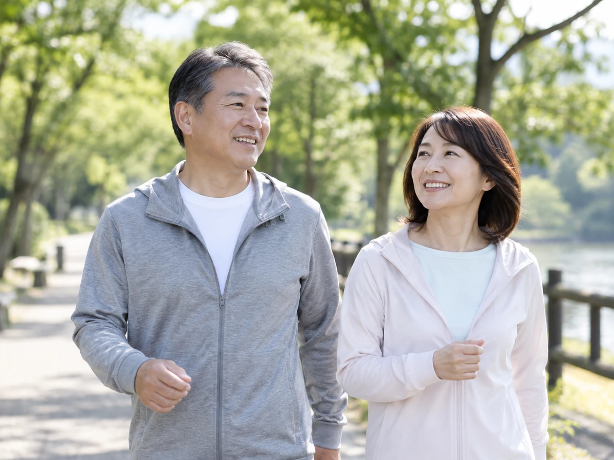 木々のある公園を並んで歩く夫婦。