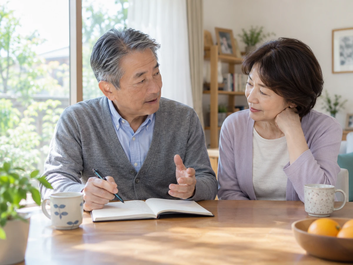 自宅で男性がノートに記録しながら妻に体調のことを話している様子