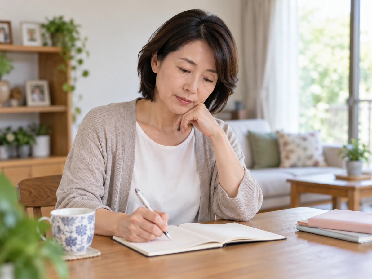 自宅で体調や気になることをノートに記録する女性