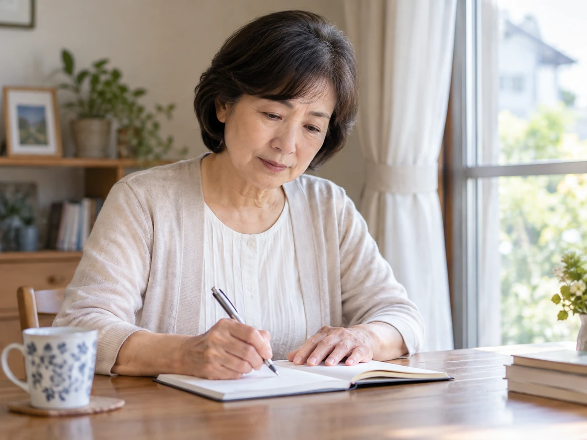 自宅のノートに体調を記録する女性