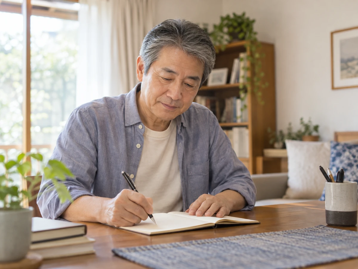 自宅でノートへ体調の変化を記録する男性