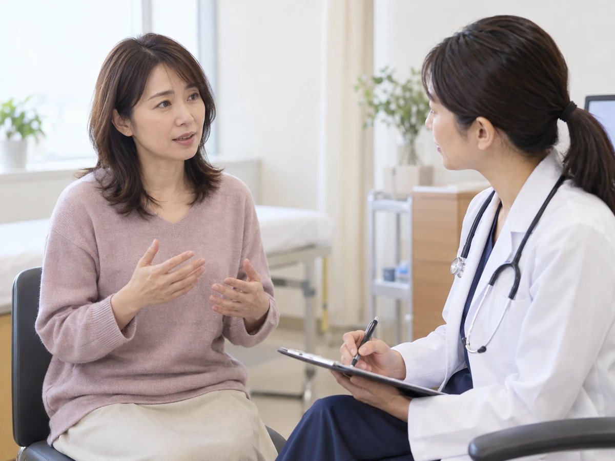 気になる症状を女性医師に伝える女性。