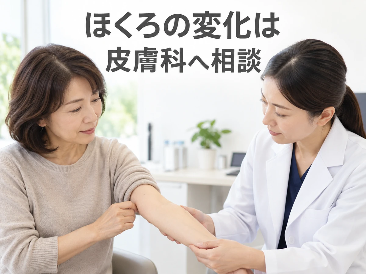 前腕を医師に見せる女性と、「ほくろの変化は皮膚科へ相談」という案内。