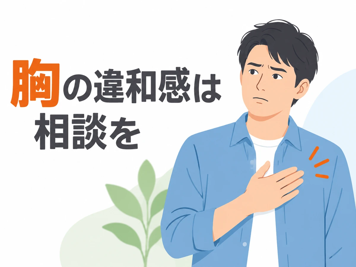 胸に手を添えて違和感を伝える男性と、胸の違和感は相談をと示すイラスト