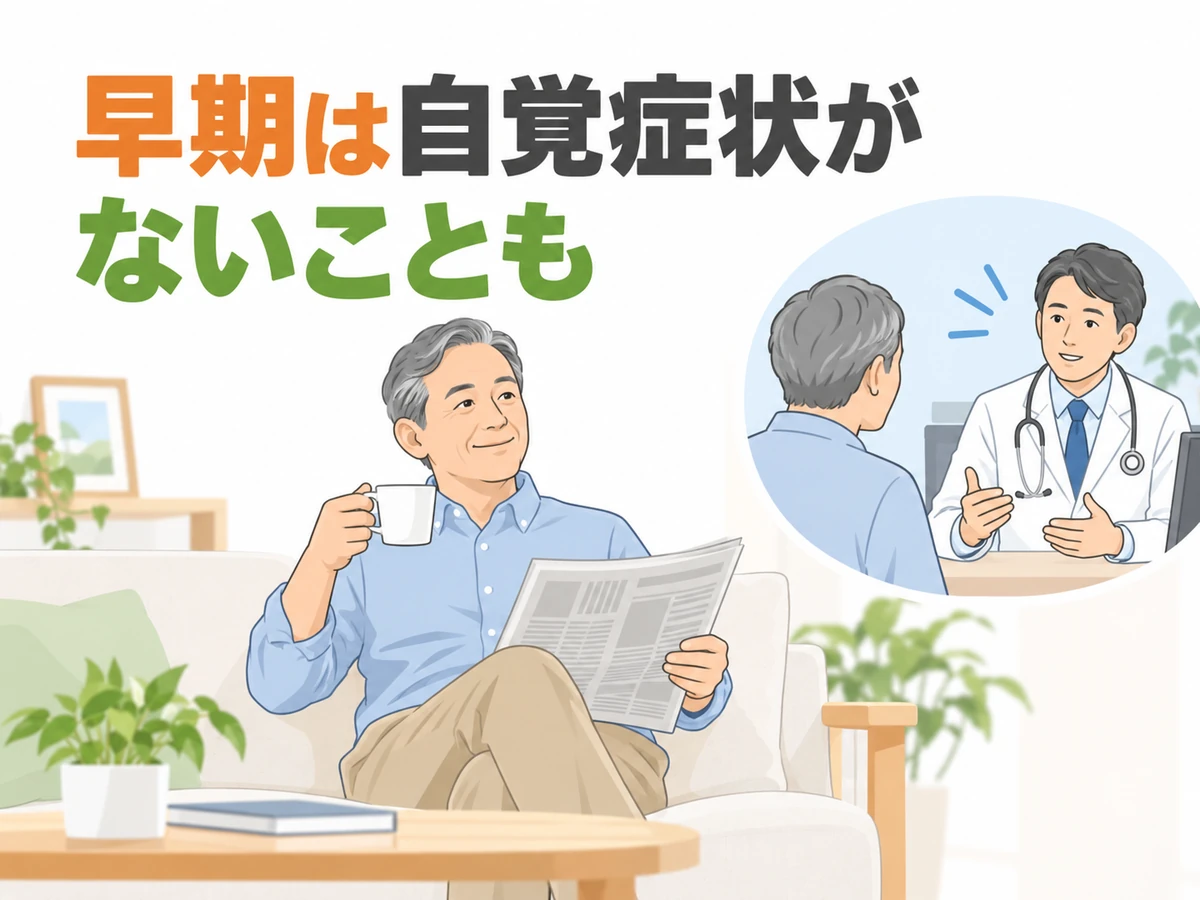 早期の前立腺がんでは自覚症状がないこともあると伝える、新聞を読む男性と医師への相談のイラスト