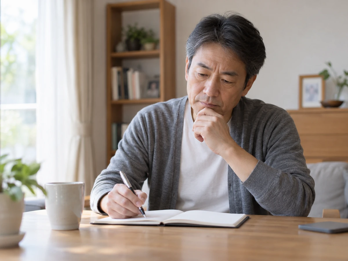男性が自宅で考えながら手帳に書き留めている。