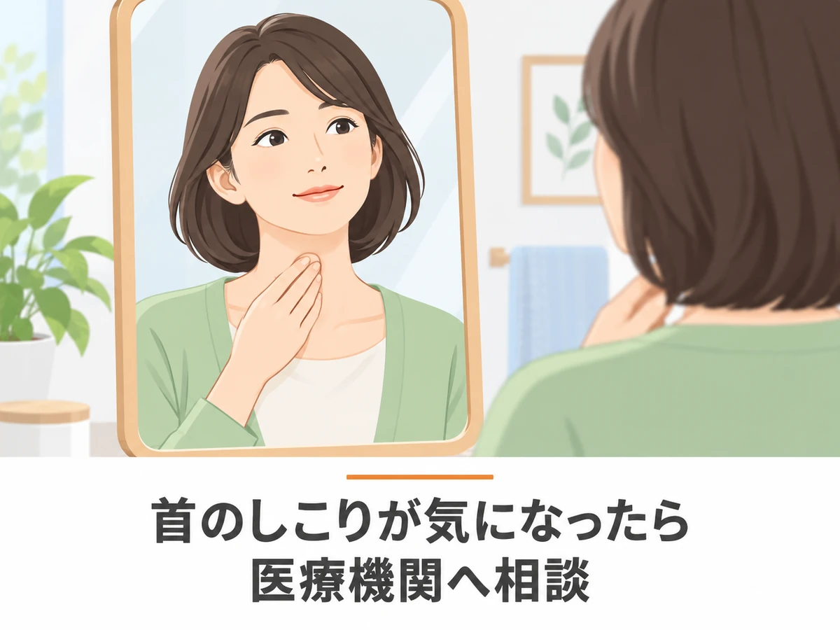 鏡を見ながら首に手を添える女性と、首のしこりが気になったら医療機関へ相談する案内
