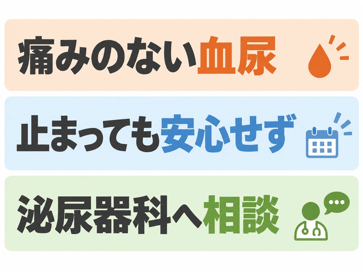 痛みのない血尿に気づいたら、いったん止まっても安心せず、泌尿器科へ相談することを示した図解。