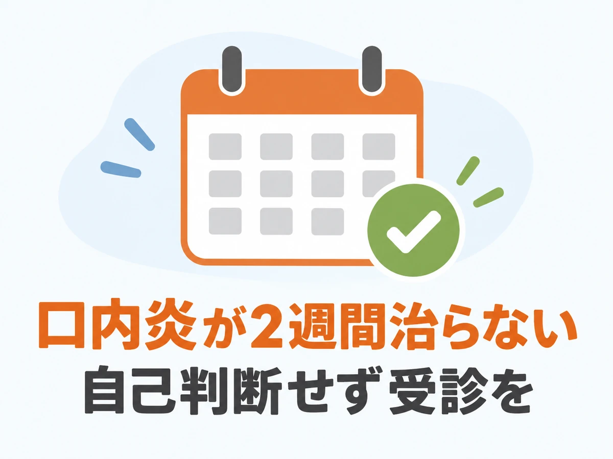 口内炎が2週間治らないときは自己判断せず受診を促す図