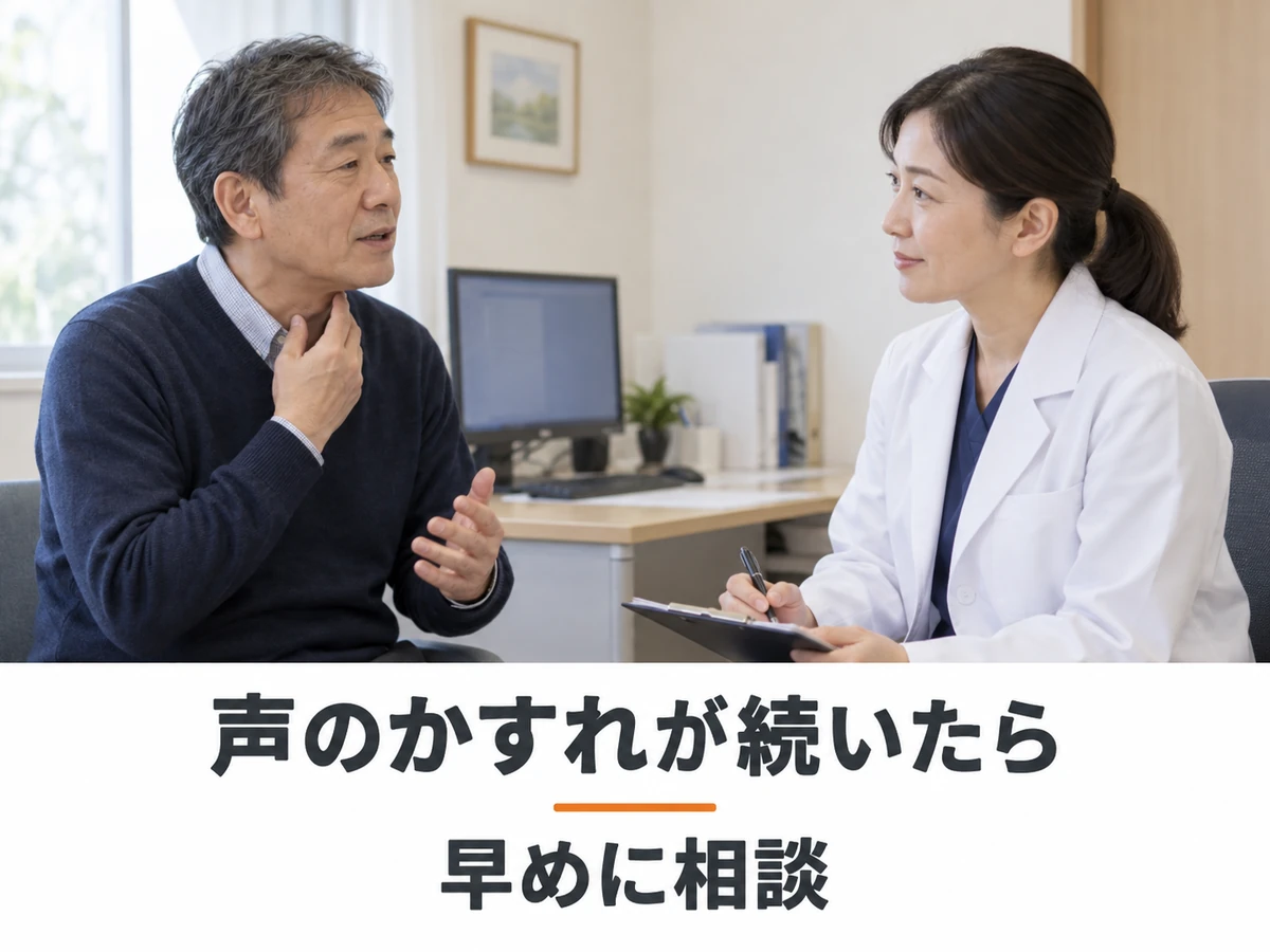 のどに手を添えて医師に話す男性と「声のかすれが続いたら 早めに相談」の文字