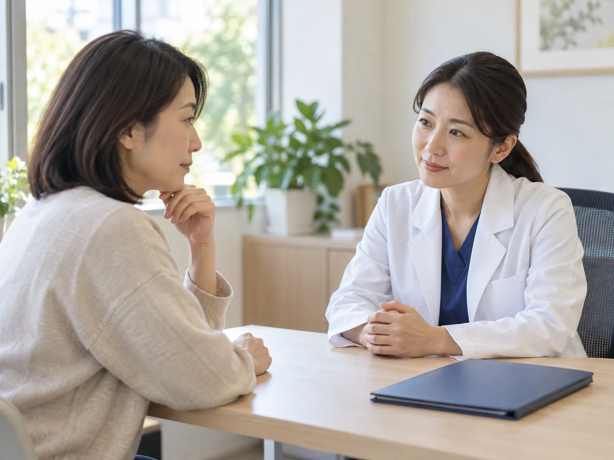 女性が診察室で女性医師の説明を聞く様子