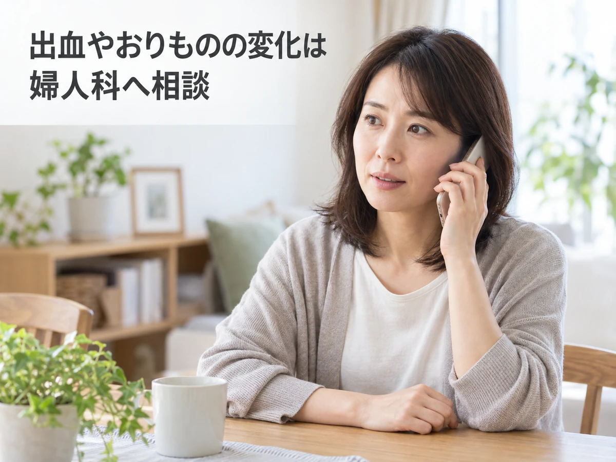 出血やおりものの変化は婦人科へ相談するよう伝える、電話中の女性の写真。