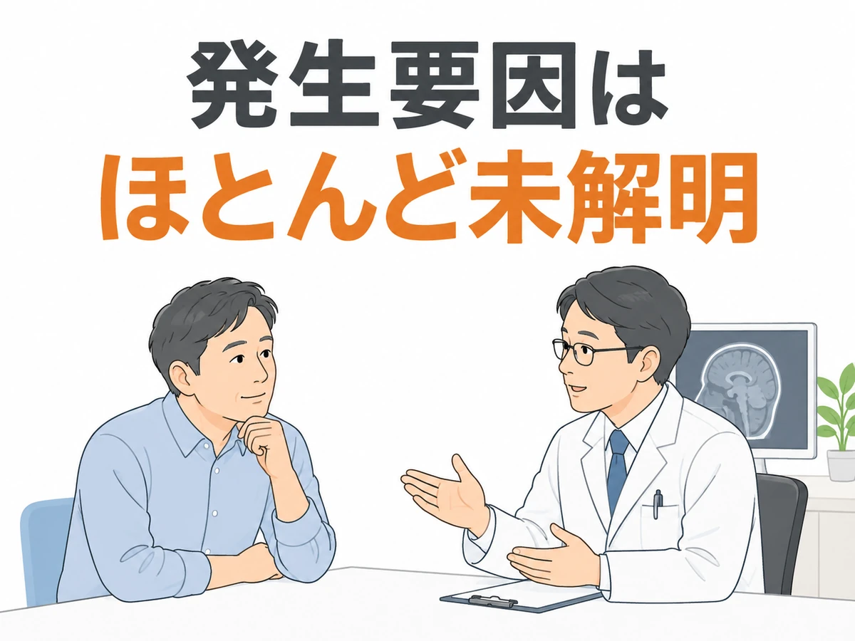 医師に相談する男性と、グリオーマの発生要因はほとんど未解明という説明を示したイラスト
