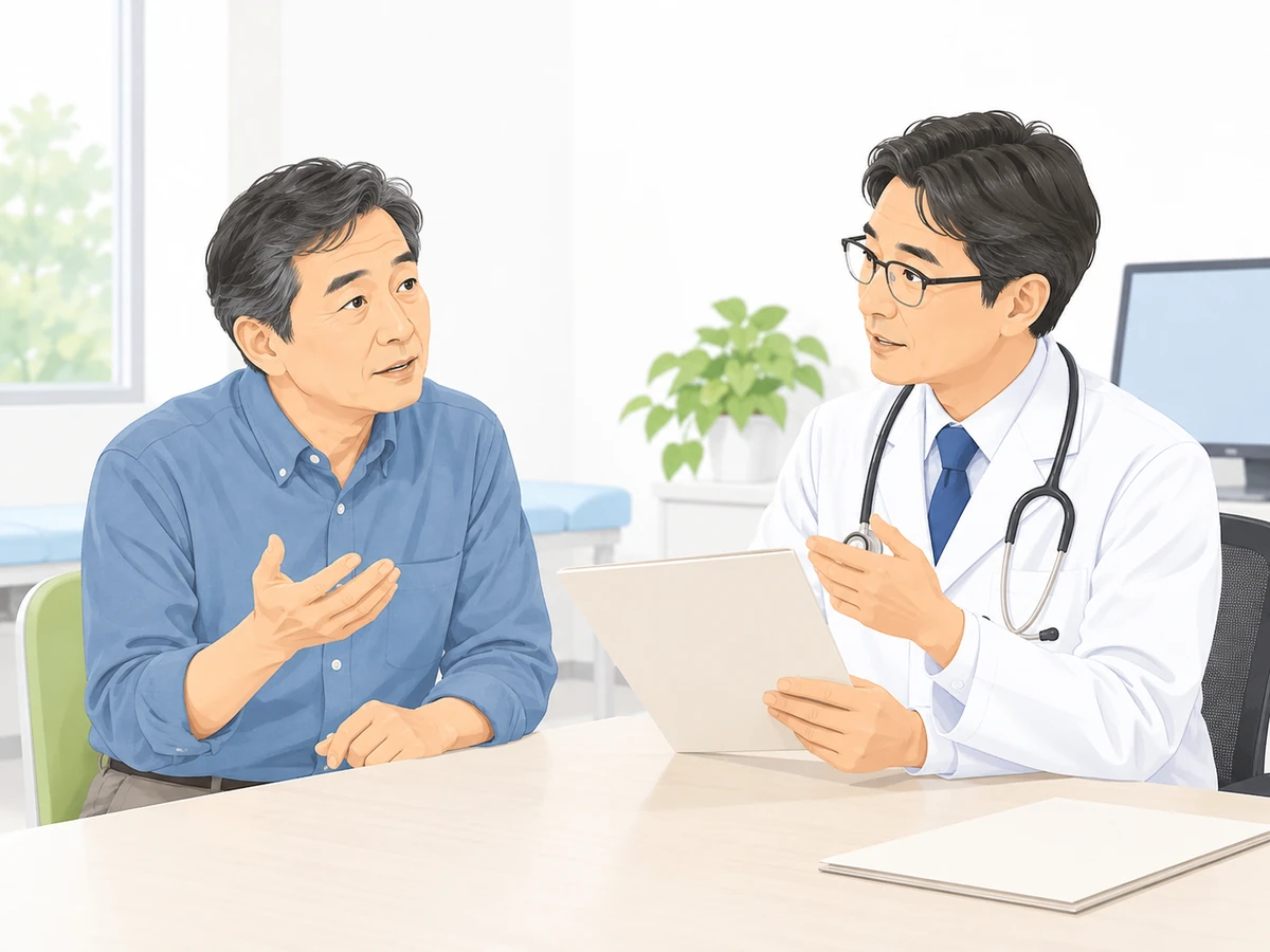 健診の資料を前に、男性が医師に質問するイラスト。