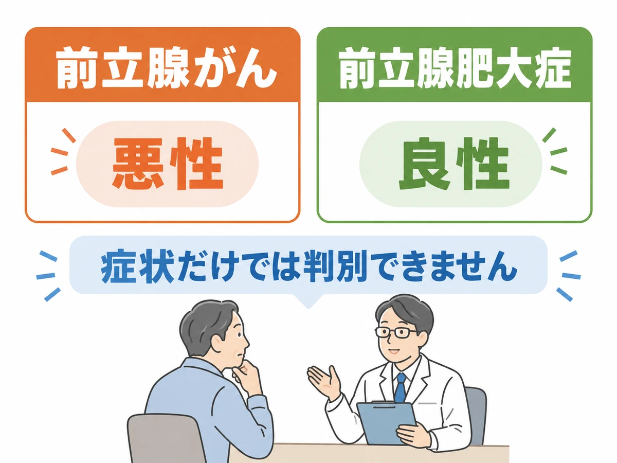 前立腺がんは悪性、前立腺肥大症は良性で、症状だけでは判別できないと示す比較図