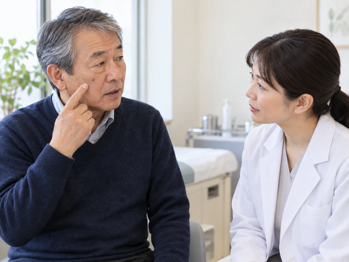 男性が頬の気になる場所を指し、医師が話を聞いている。