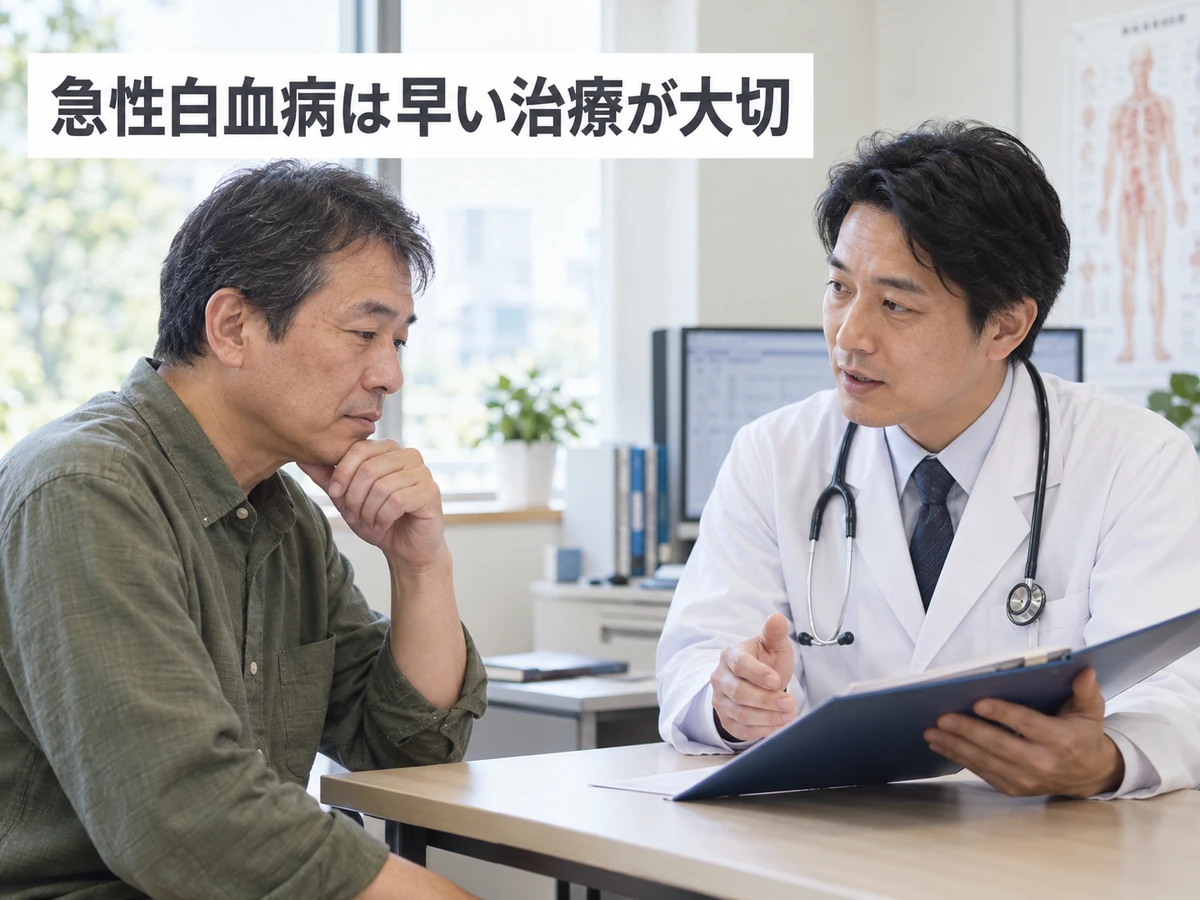 急性白血病は早い治療が大切という言葉とともに医師の説明を聞く男性の写真