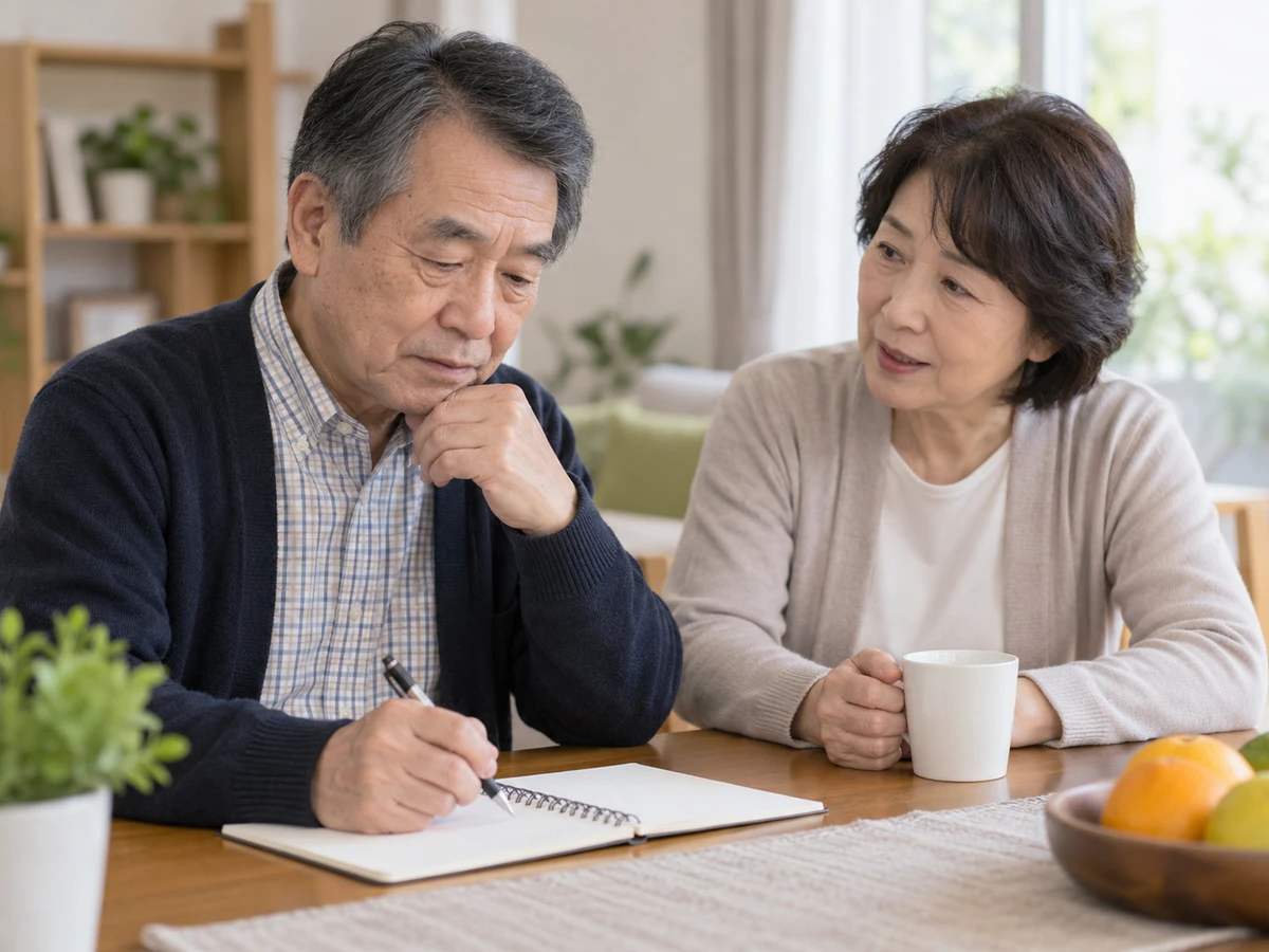 自宅で体調についてノートに書き留める男性と、隣で話を聞く配偶者の写真