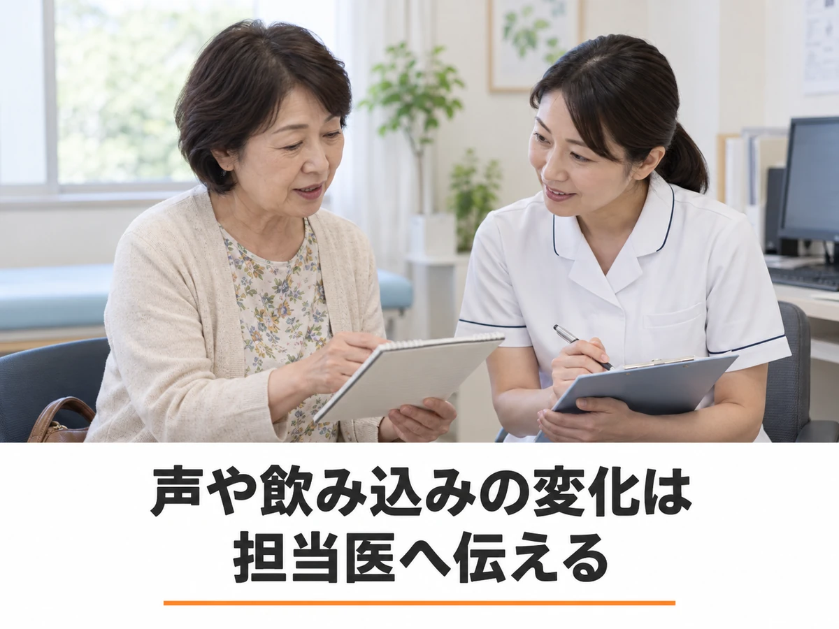 声や飲み込みの変化について担当医に伝える女性
