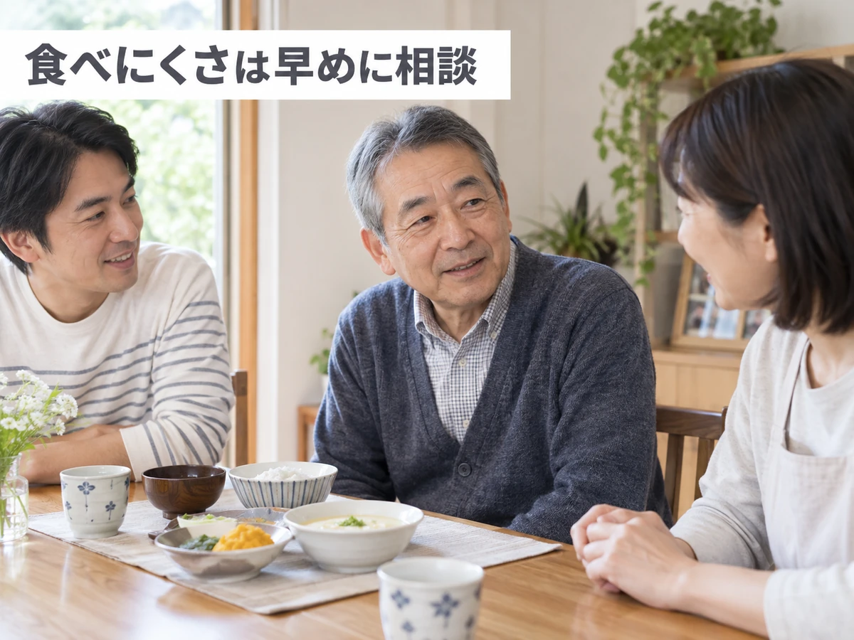 食卓を囲む高齢男性と家族に、食べにくさは早めに相談と伝える写真