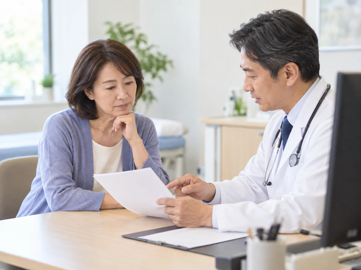 検査の資料を見ながら医師の説明を聞く女性
