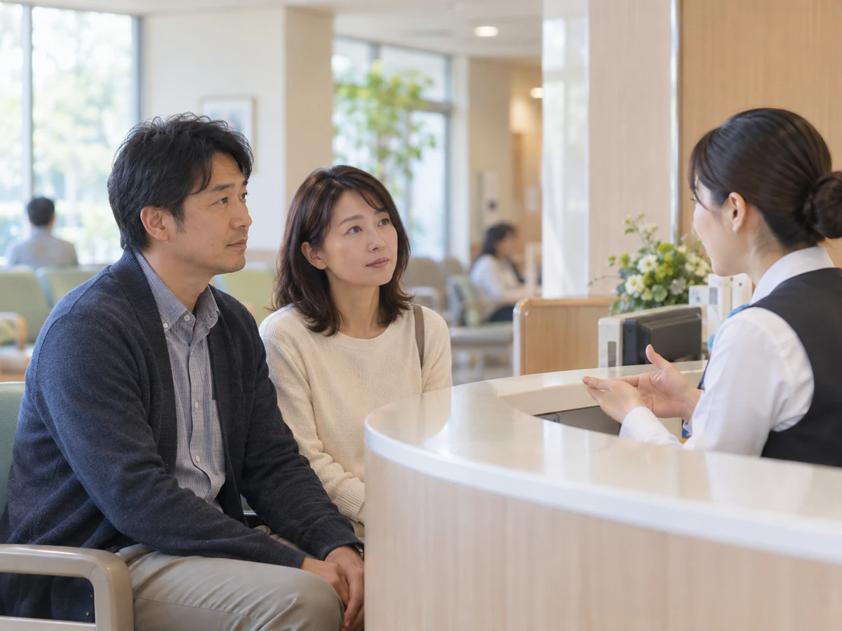 男女が医療機関の受付で案内を受ける様子