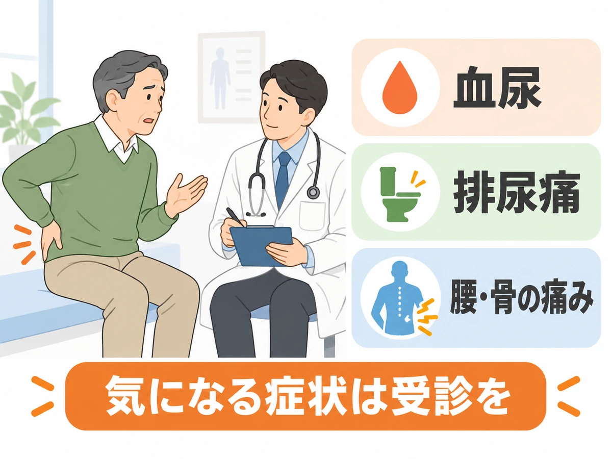血尿、排尿痛、腰や骨の痛みを示し、気になる症状は受診するよう促すイラスト