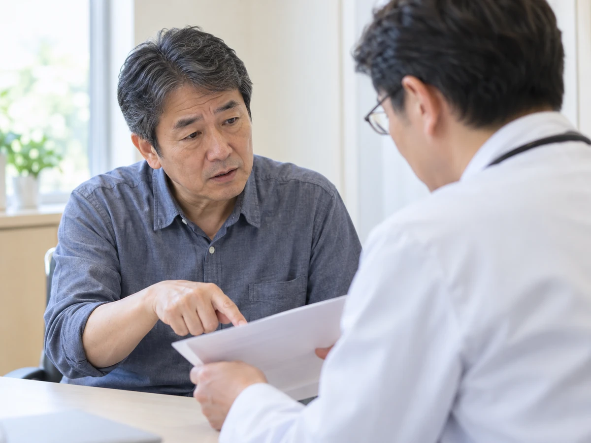 医師と書類を確認しながら質問する男性のイメージ写真