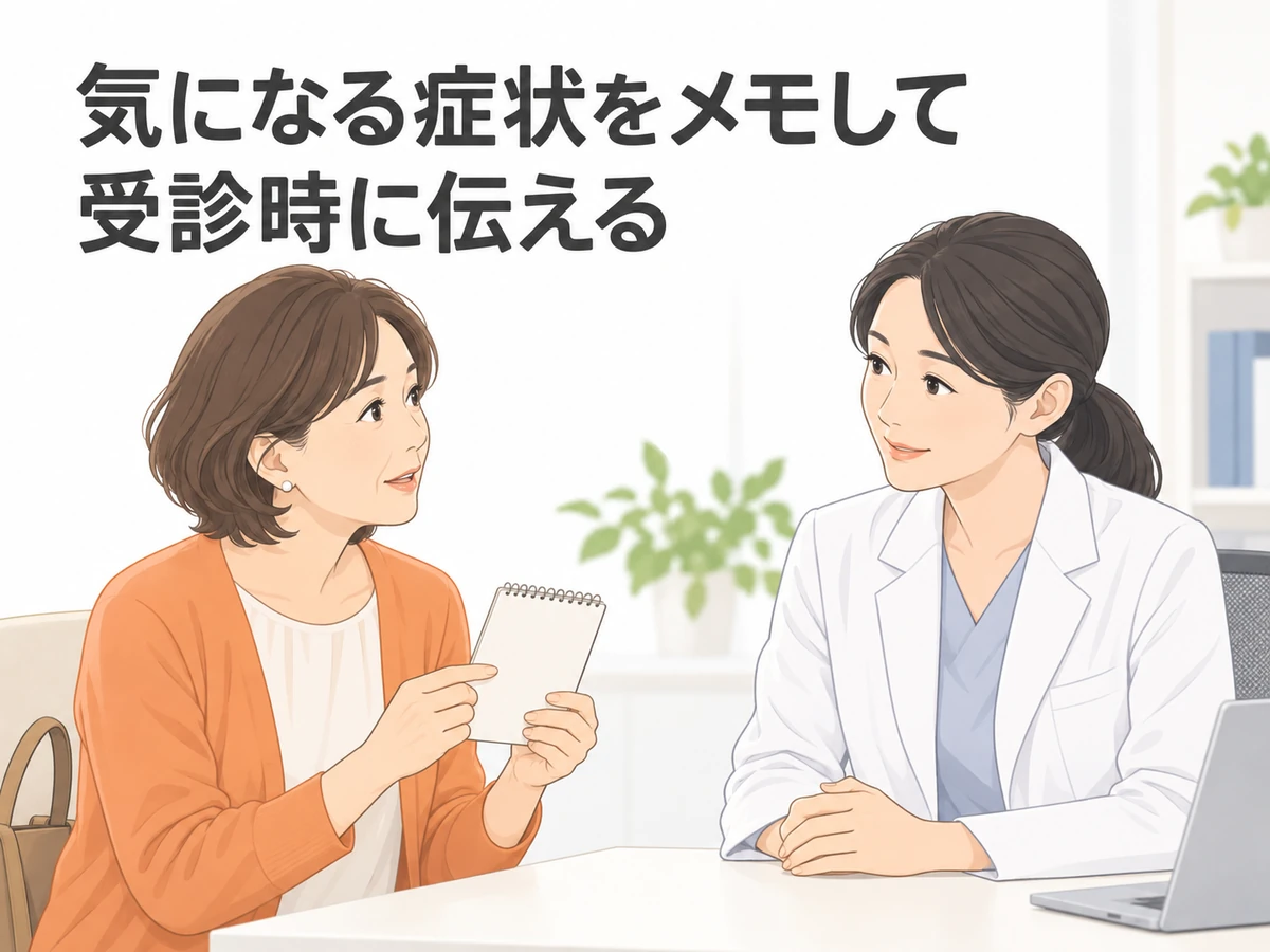 気になる症状をメモにして受診時に伝える女性と医師のイラスト。