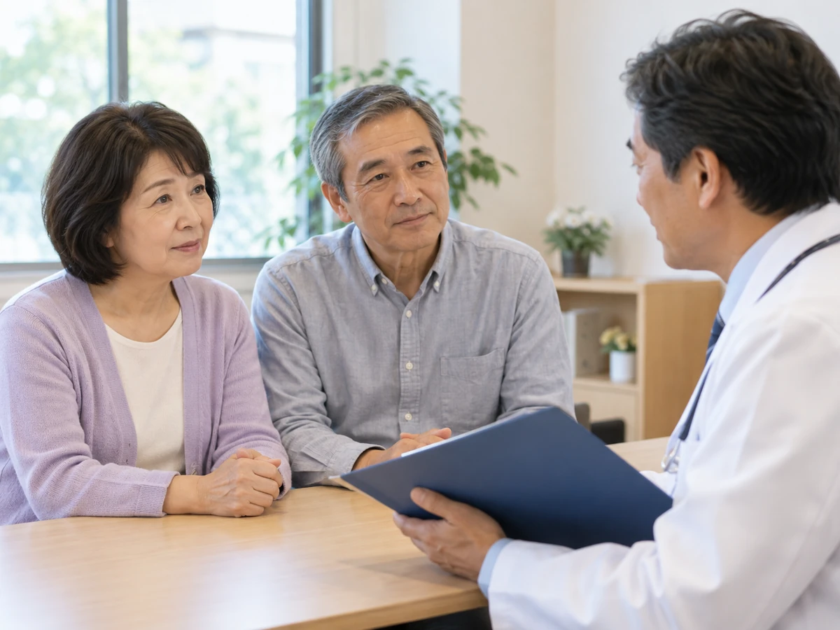 医師から病気について説明を受ける女性と付き添いの男性