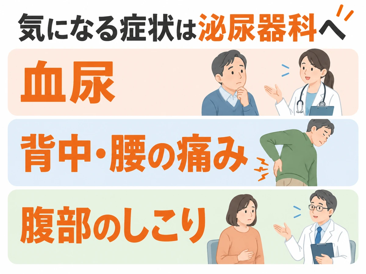 血尿、背中・腰の痛み、腹部のしこりを挙げ、気になる症状は泌尿器科へ相談するよう伝える図解。