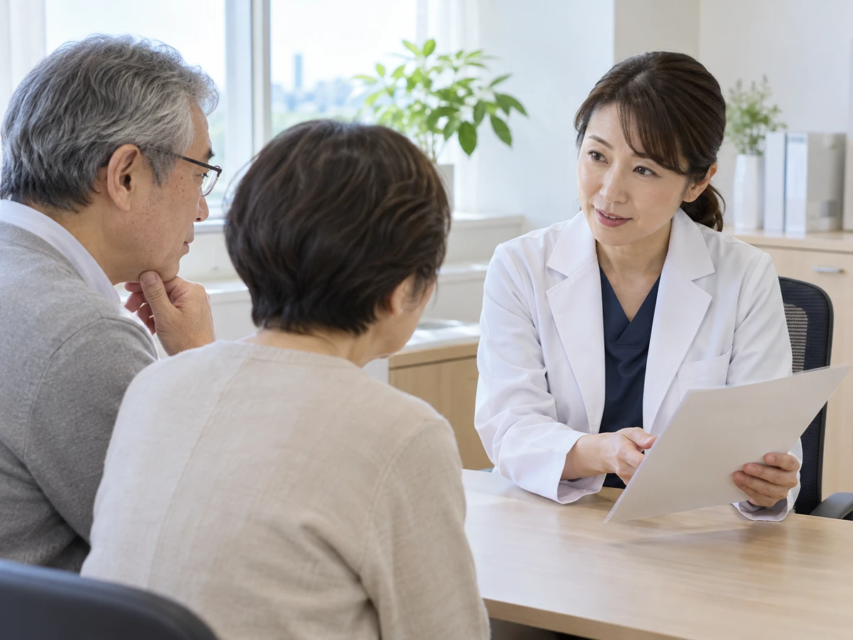 夫婦が医師の持つ資料を見ながら、病気について説明を聞いている。