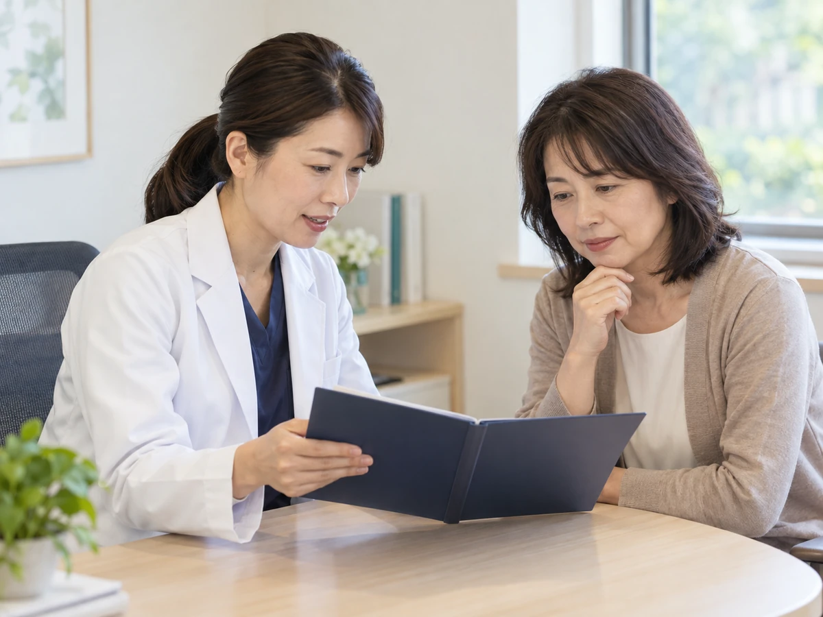 医師と一緒に資料を見る女性