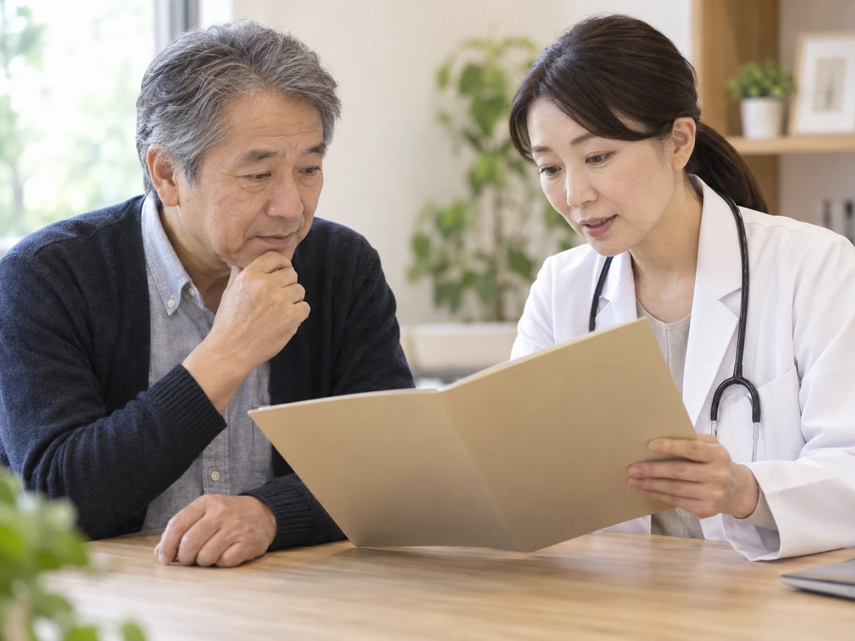 医師と一緒に資料を確認する男性