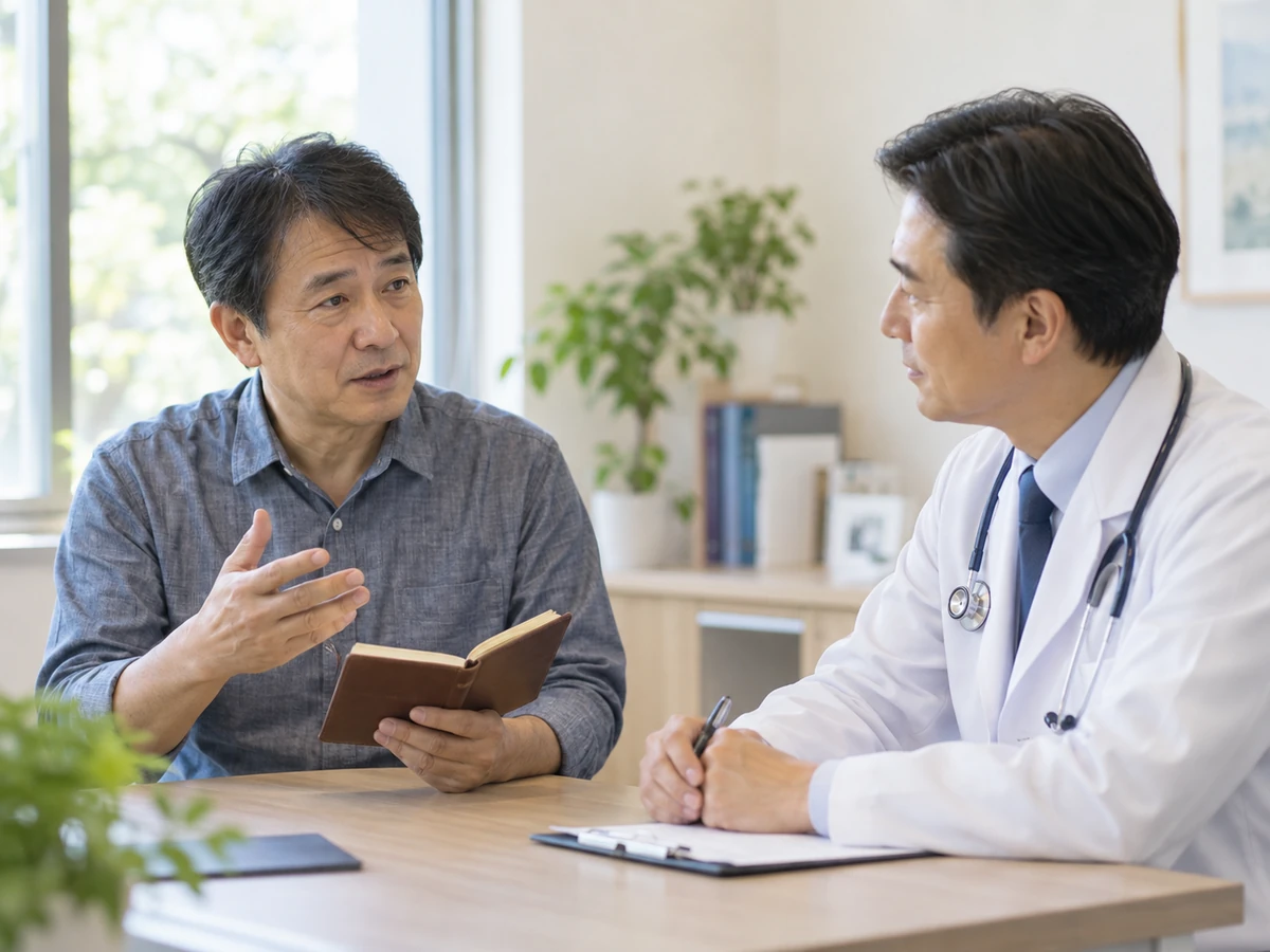 手帳を持った男性が診察室で医師に体調の変化を話す様子